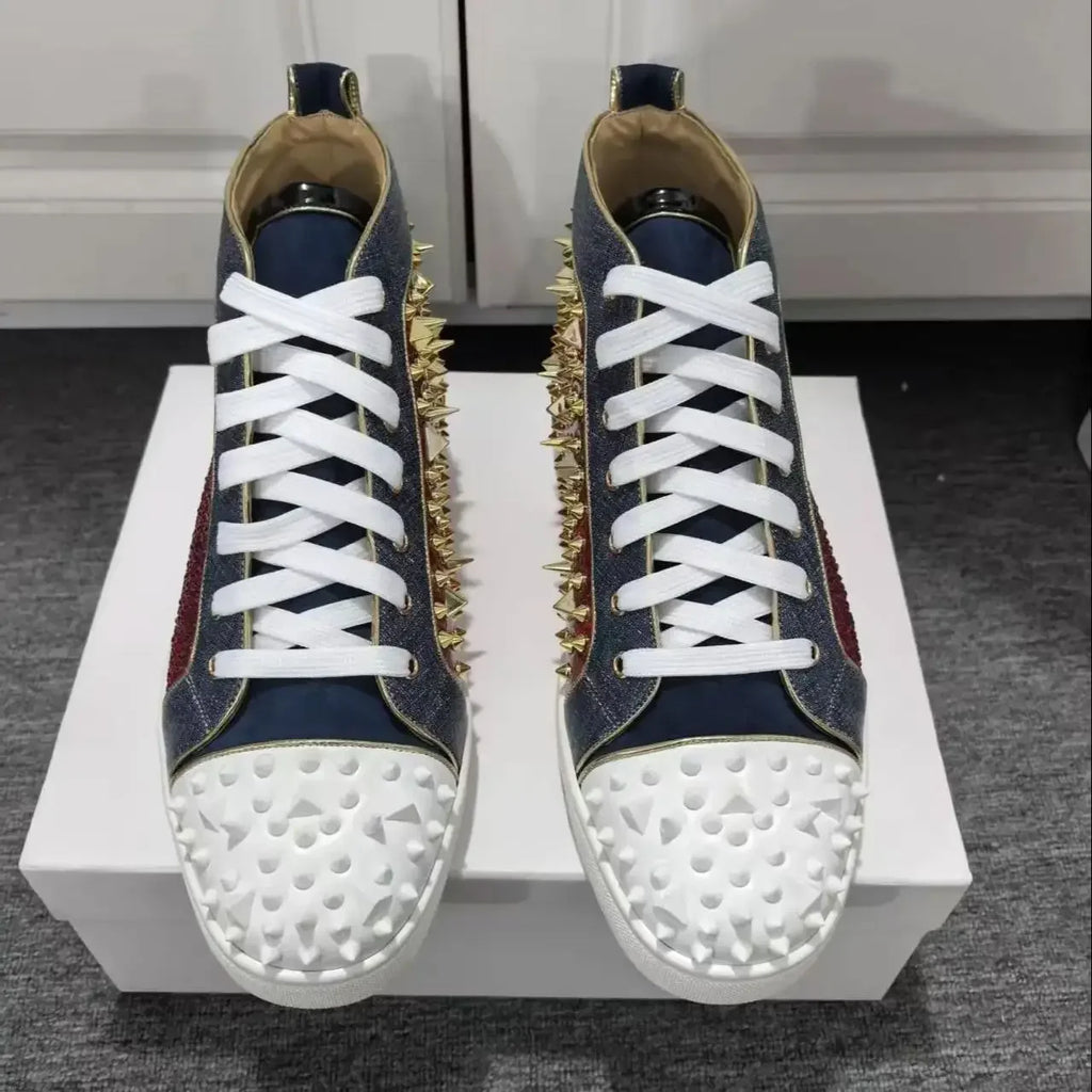Sneakers Montantes Cuir Rivets Dorés & Strass Rouge Homme – CLEVI Paris