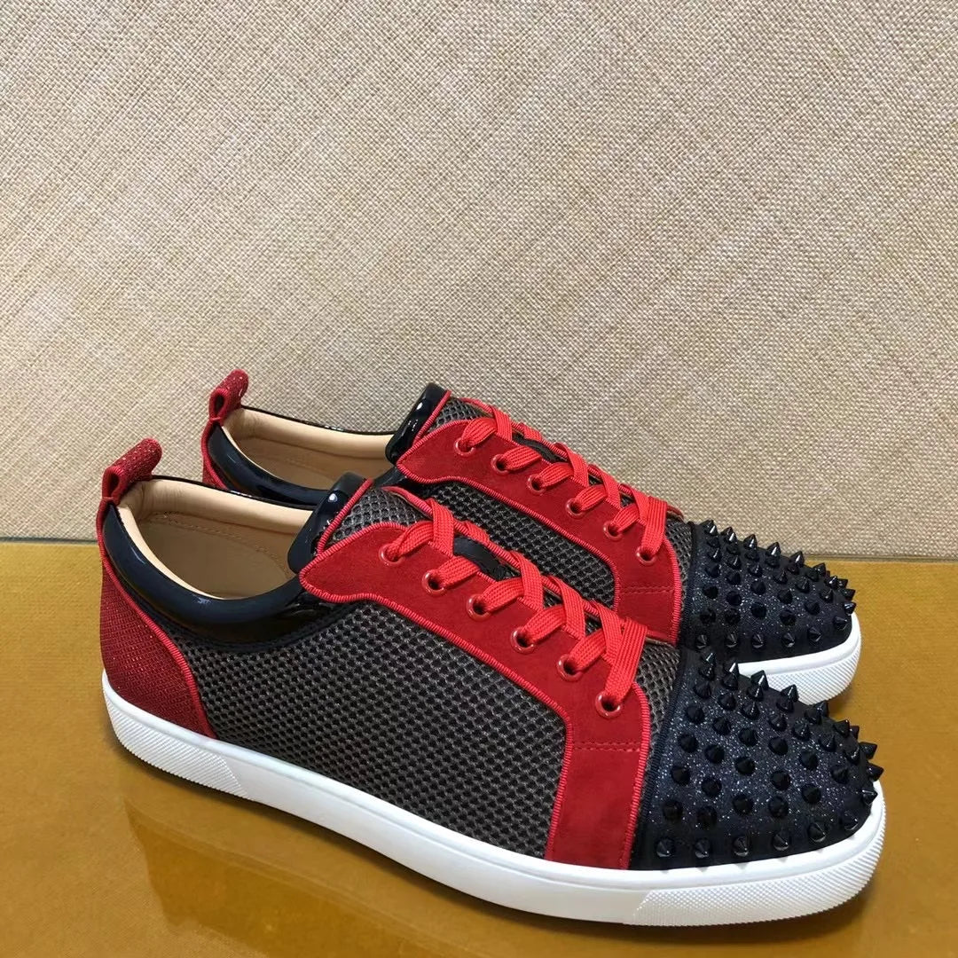 Sneakers Basses Cuir Véritable Noir & Rouge Rivets Homme – Semelle Rouge, Tailles 35-48 – CLEVI Paris
