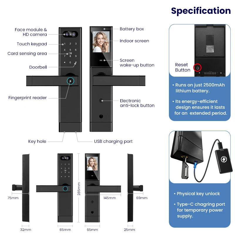 Serrure Connectée Catchface – Reconnaissance Faciale, Caméra, Écran, Tuya WiFi, 7 Modes