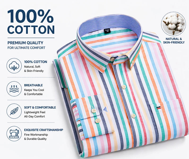 Chemise Oxford Homme Manches Longues Rayée Casual 100% Coton – Tailles 38-47 – CLEVI Paris