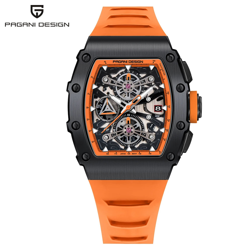 Montre PAGANI DESIGN PD-YS011 – Quartz Chronographe Racing, Verre Saphir, Acier Inoxydable Tonneau, Bracelet Silicone, Étanche 5 ATM – CLEVI Paris