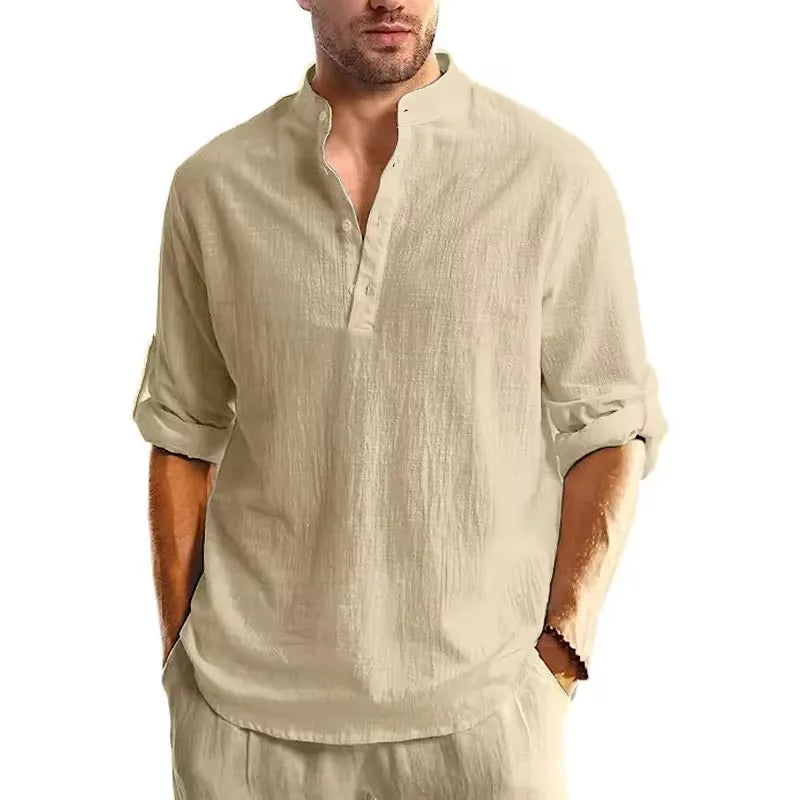 Chemise Henley Homme Manches Longues 100% Coton – Col Montant, Style Streetwear Casual, Grande Taille