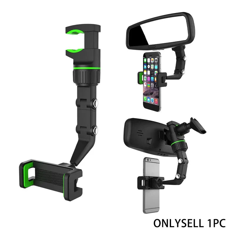 Support Téléphone Voiture Universel — Clip Rétroviseur, Rotation 960°, Réglable, Gris & Vert | CLEVI Paris