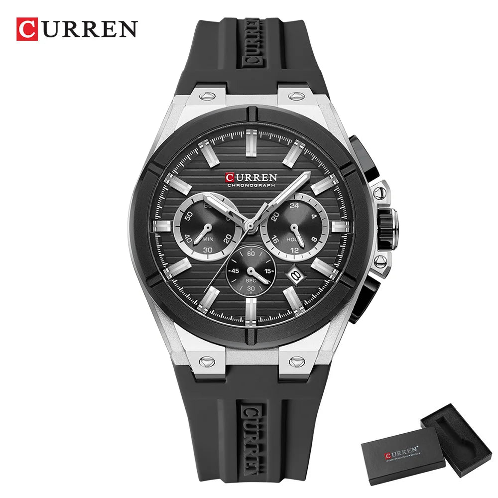 Montre Quartz Homme CURREN 8487 – Chronographe, Bracelet Silicone & Écrin | 5 Coloris