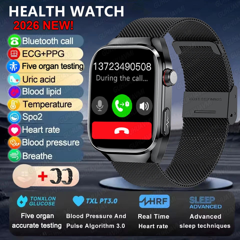 Montre Connectée Santé ECG Acide Urique IMC 5 Organes | AMOLED Verre Saphir IP68