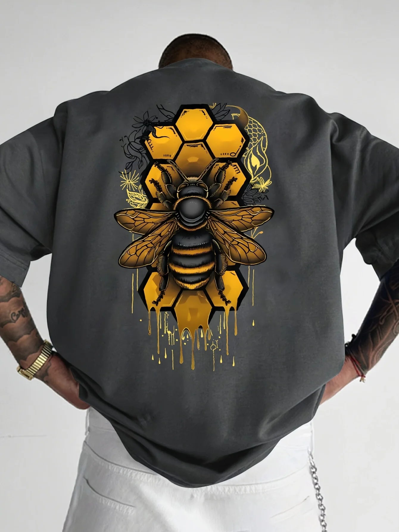 T-Shirt Homme 100% Coton Imprimé Abeille – Loose Fit, Col Rond, Manches Courtes