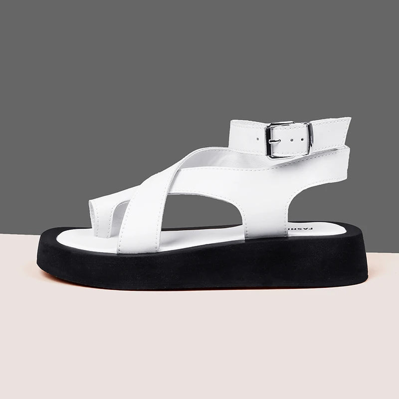 Sandales Femme Cuir Véritable Bout Clip Plateforme Boucle | Rose, Blanc, Marron, Noir – CLEVI Paris
