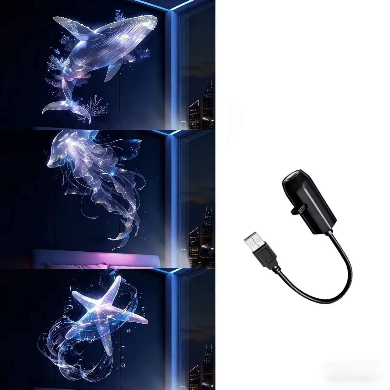 Veilleuse Projecteur LED USB – Motifs Océan (Baleine, Méduse, Étoile de Mer)