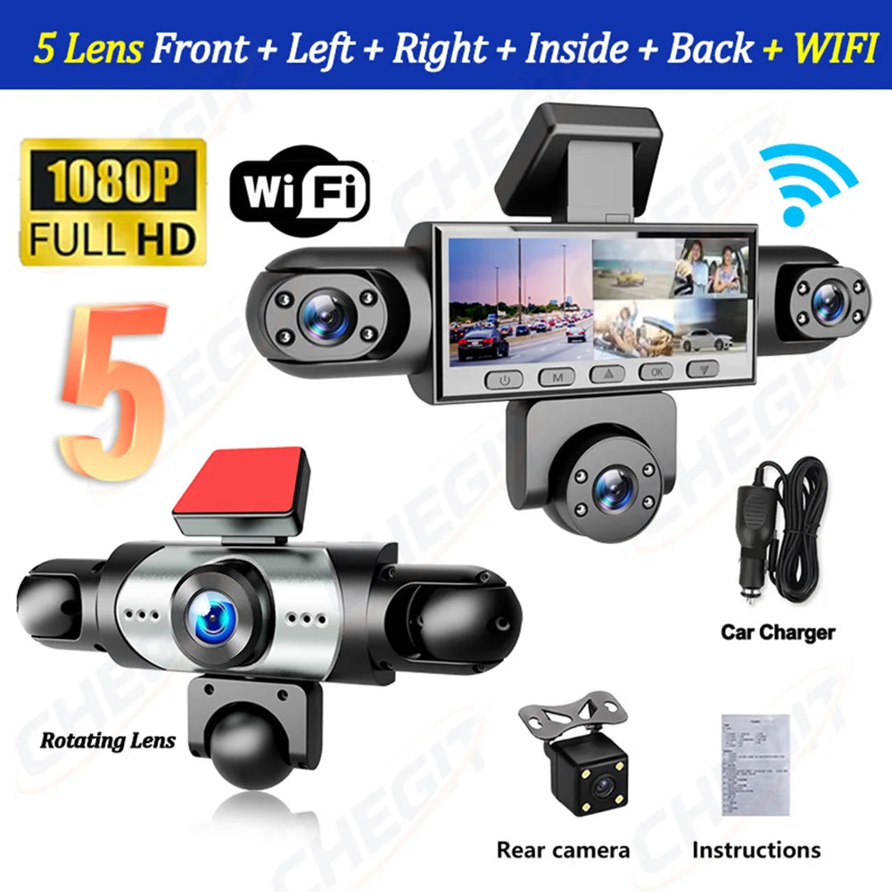 Dashcam 5 Objectifs 360° 1080p – WiFi, Surveillance Parking 24h, Vision Nocturne IR, G-Sensor, App iOS & Android – CLEVI Paris