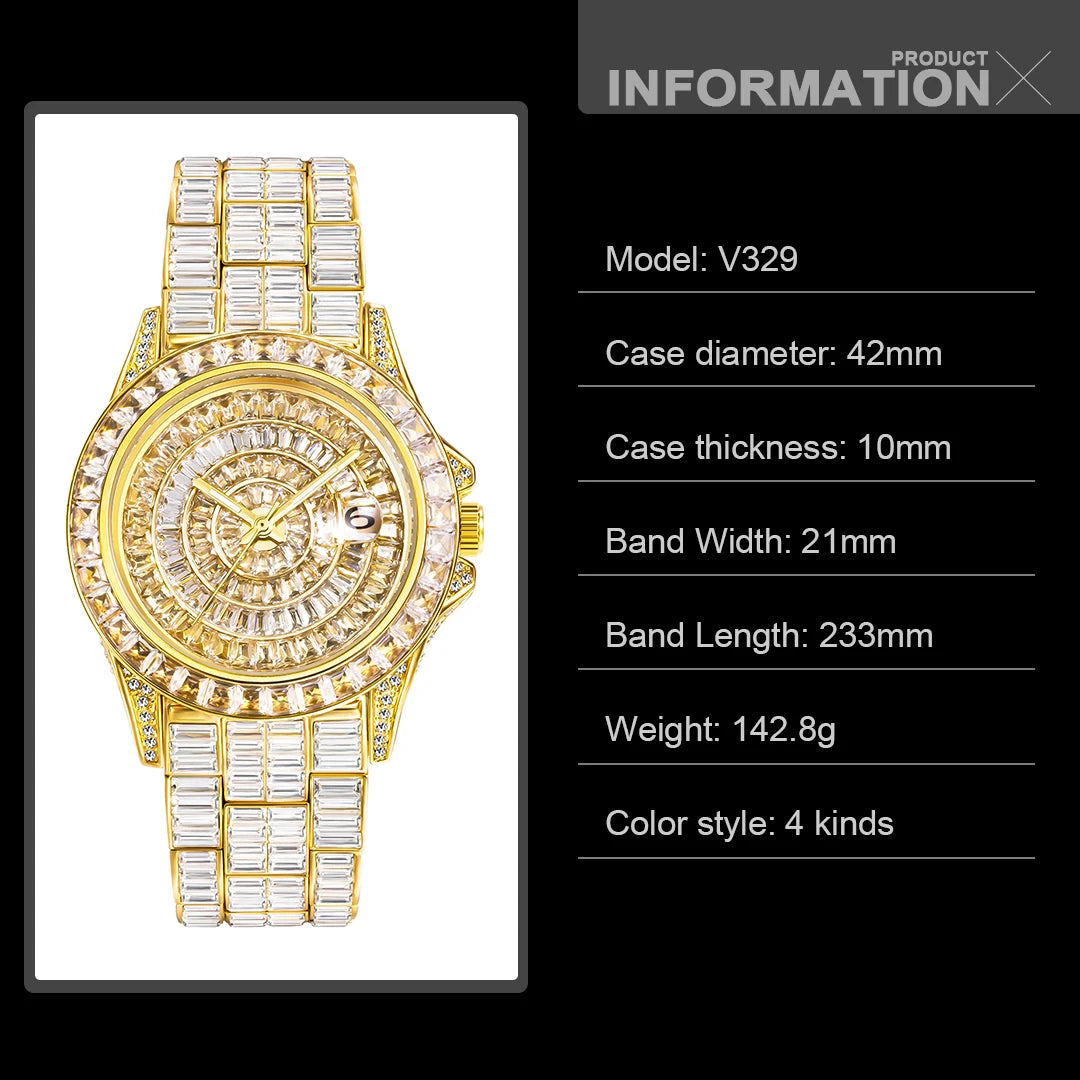MISSFOX Montre Quartz Homme Iced Out Diamond Hip Hop Acier Saphir Plaqué Or 18K – CLEVI Paris