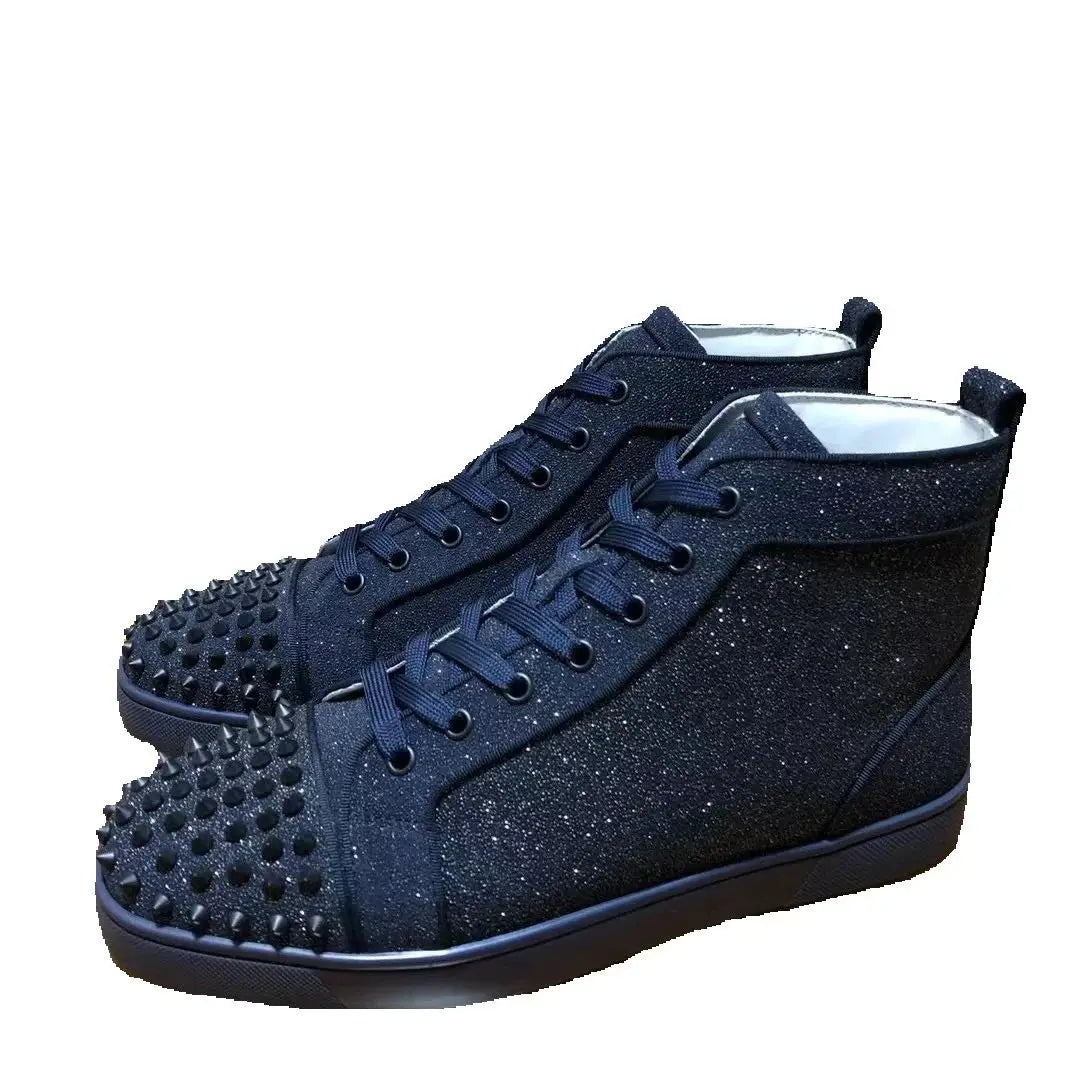 Sneakers Montantes Cuir Véritable Bleu Encre Rivets Noirs Semelle Rouge Homme – Tailles 35-48 – CLEVI Paris