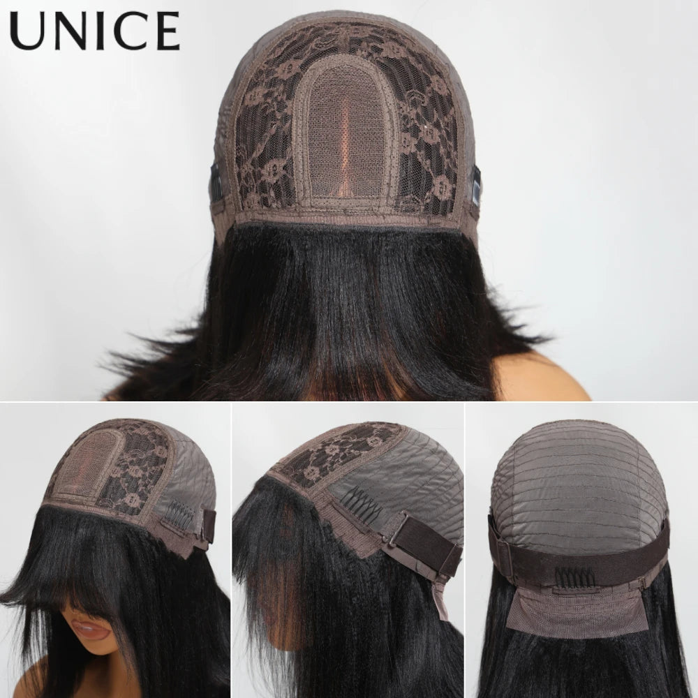 Perruque BOB Yaki Straight Balayage Highlights Frange 4x2 Lace Glueless 100% Cheveux Humains 10-14 Pouces – CLEVI Paris