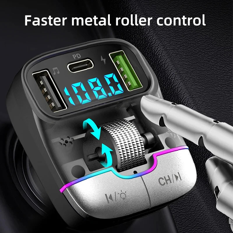 Émetteur FM Voiture Bluetooth 5.4 – Charge Rapide USB 15W + Type-C 25W AUX Lecteur MP3 Lumières Ambiance 12-24V – CLEVI Paris