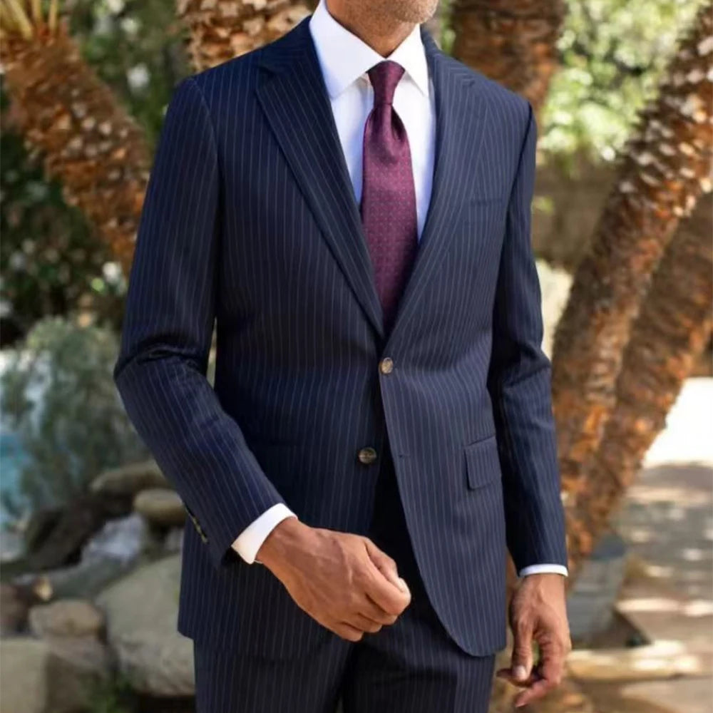 Costume Homme Sur-Mesure 100% Laine Super 120 Bleu Marine Rayé Business Mariage – CLEVI Paris