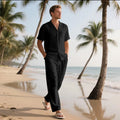 Ensemble Homme Chemise Lin Manches Courtes Col Cranté + Pantalon Long Cordon Casual Plage Vacances – CLEVI Paris
