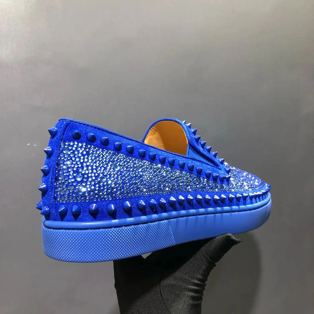 Sneakers Basses Cuir Véritable Bleu Rivets Diamants Semelle Rouge Homme – Tailles 35-48 – CLEVI Paris