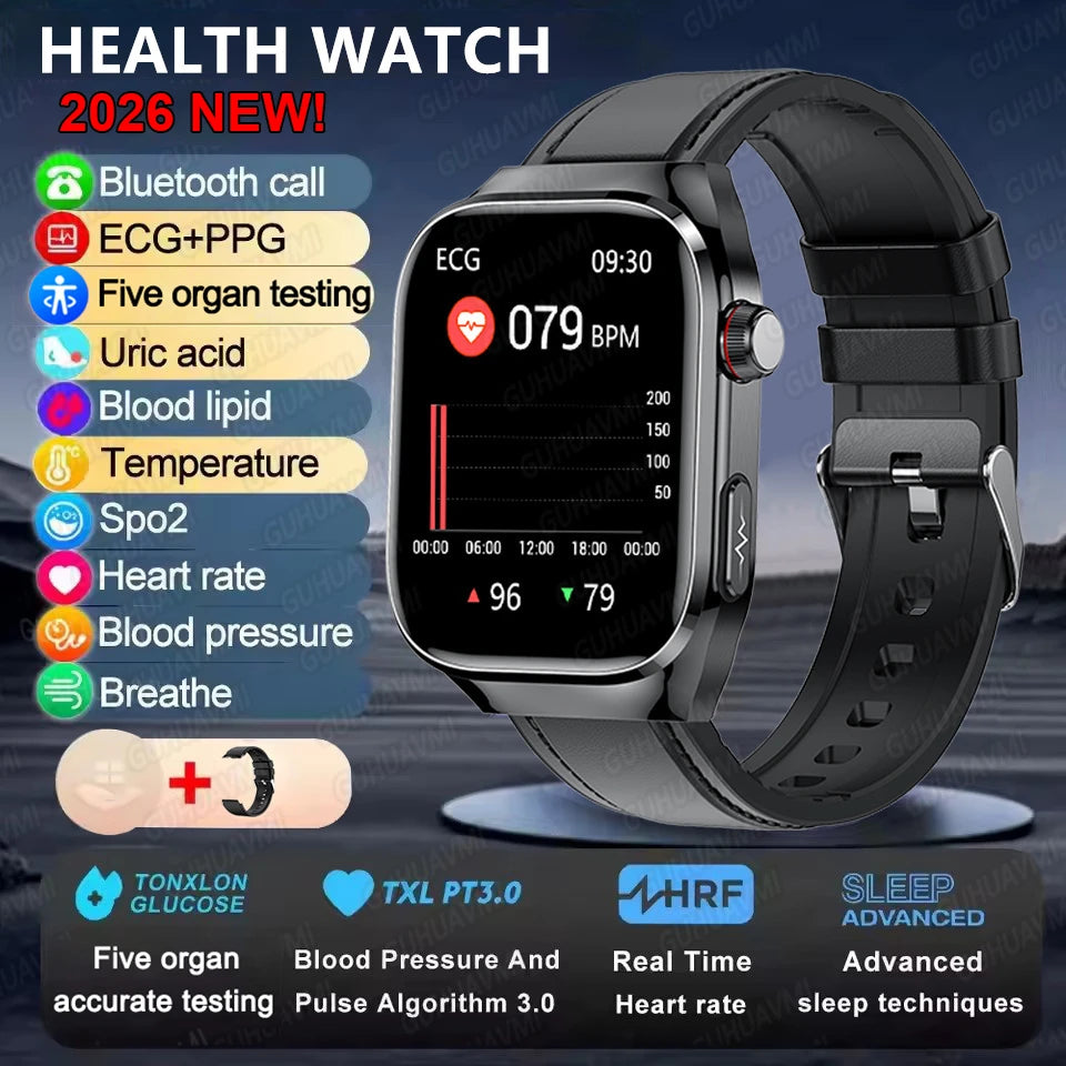 Montre Connectée Santé ECG Acide Urique IMC 5 Organes | AMOLED Verre Saphir IP68