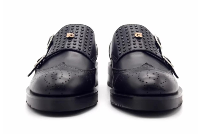Oxford Monk Strap Rivets Noir – Cuir Vache | Semelle Caoutchouc | Homme