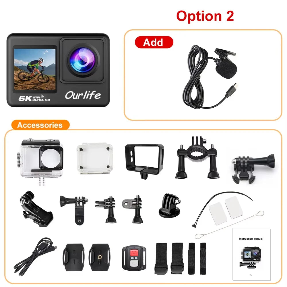 Action Cam OURLIFE 5K 4K60fps – Grand Angle 170°, Écran Tactile 2", EIS, Étanche 30m, WiFi, Vélo & Moto – CLEVI Paris