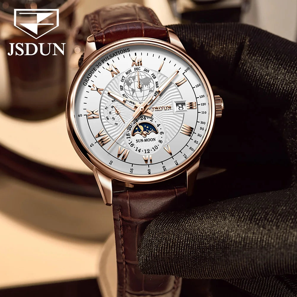 Montre JSDUN 8909 – Automatique, Phase de Lune, Calendrier, Chiffres Romains, Bracelet Cuir, Étanche 5 ATM – CLEVI Paris