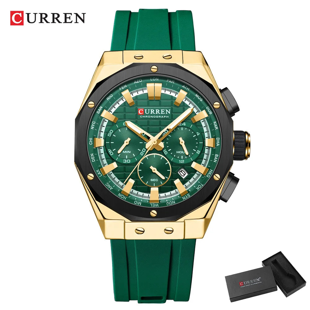 Montre Quartz Homme CURREN 8464 – Chronographe Lumineux, Silicone & Écrin | 10 Coloris