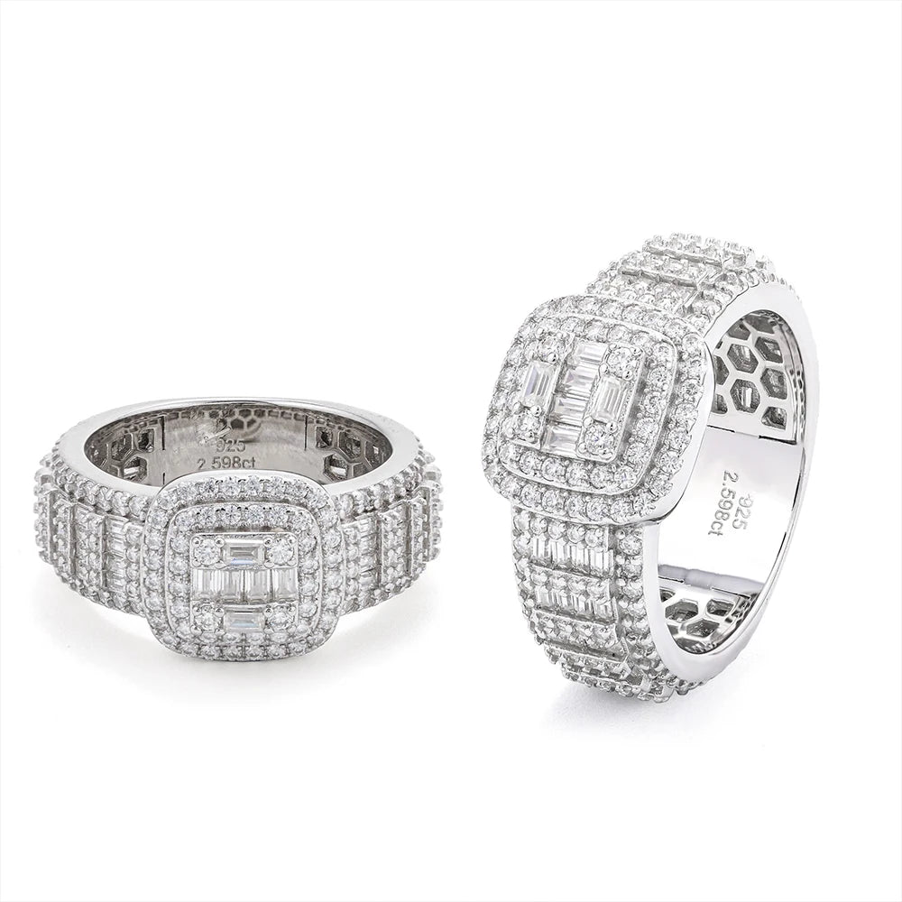 Bague Femme Iced Out Moissanite Baguette Halo Argent 925 – CLEVI Paris