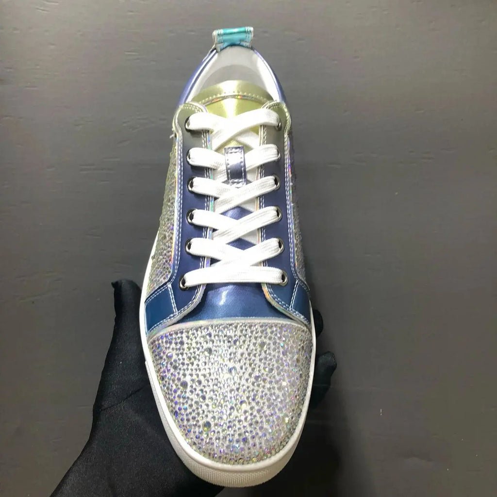 Sneakers Basses Cuir Véritable Bleu Gris Strass Argentés Rivets Semelle Rouge Homme – Tailles 35-48 – CLEVI Paris