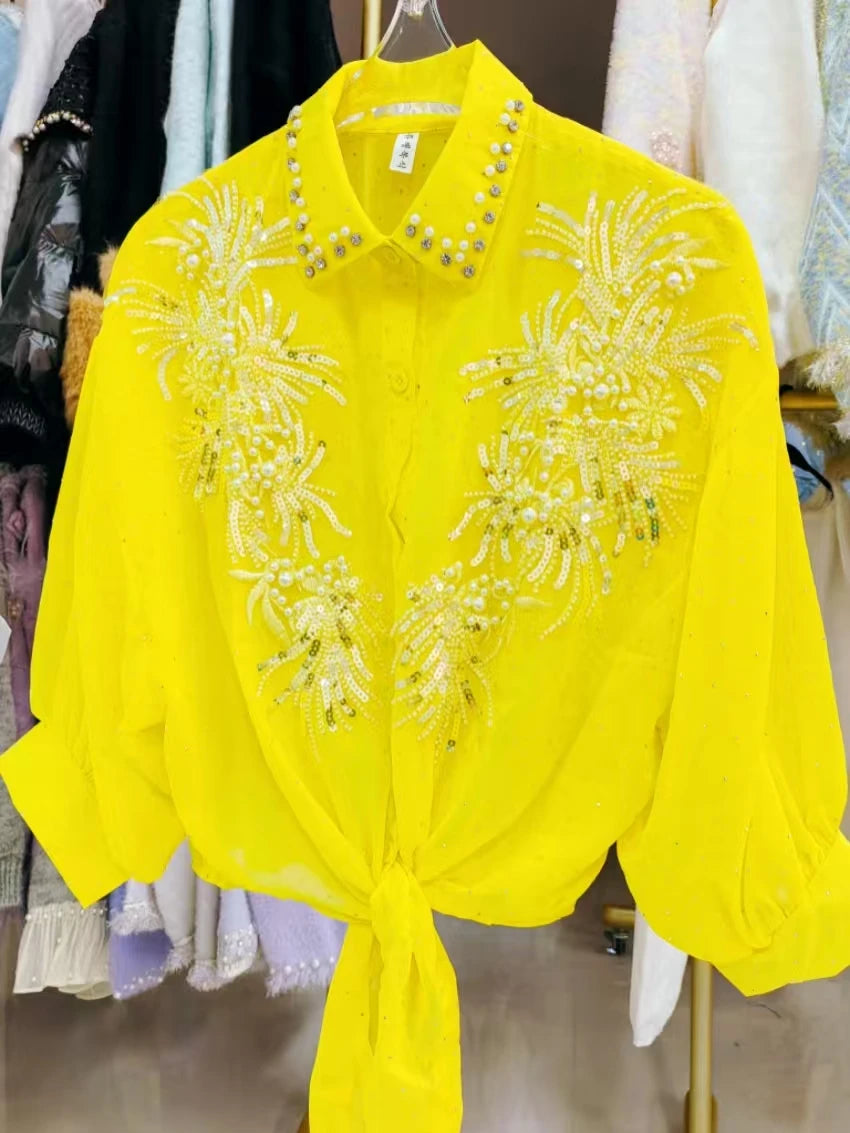 Chemisier Cardigan Femme Mousseline Sequins Perles Manches Bouffantes Style Coréen Casual – CLEVI Paris