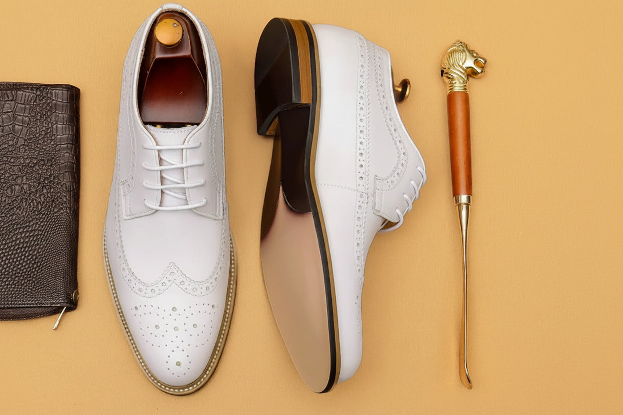 Richelieu Brogue Cuir Véritable Homme | Oxford Blanc Mariage – CLEVI Paris