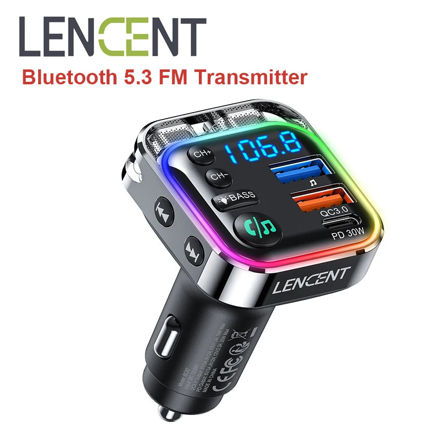 Transmetteur FM Bluetooth 5.3 LENCENT BC87 – Charge Rapide PD 30W & QC3.0, Hi-Fi Bass, Double Micro, Mains Libres