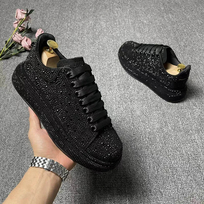 Sneakers Plateforme Homme Cuir Véritable & Strass – Style Punk Hip-Hop, Lacets – CLEVI Paris