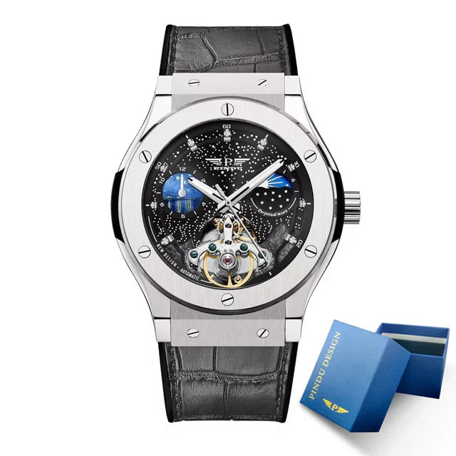 PINDU Montre Automatique Homme Squelette Phase de Lune Saphir Cuir Business 45mm – CLEVI Paris