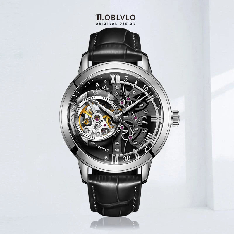 Montre Homme Automatique Squelette Rétro Cuir Veau Oblvlo VM 45mm – CLEVI Paris