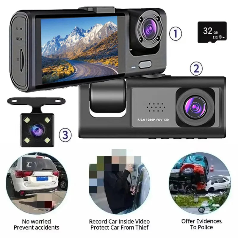Dashcam 3 Objectifs 1080p – Écran IPS 2", Vision Nocturne IR, G-Sensor, Rétroviseur Intégré – CLEVI Paris