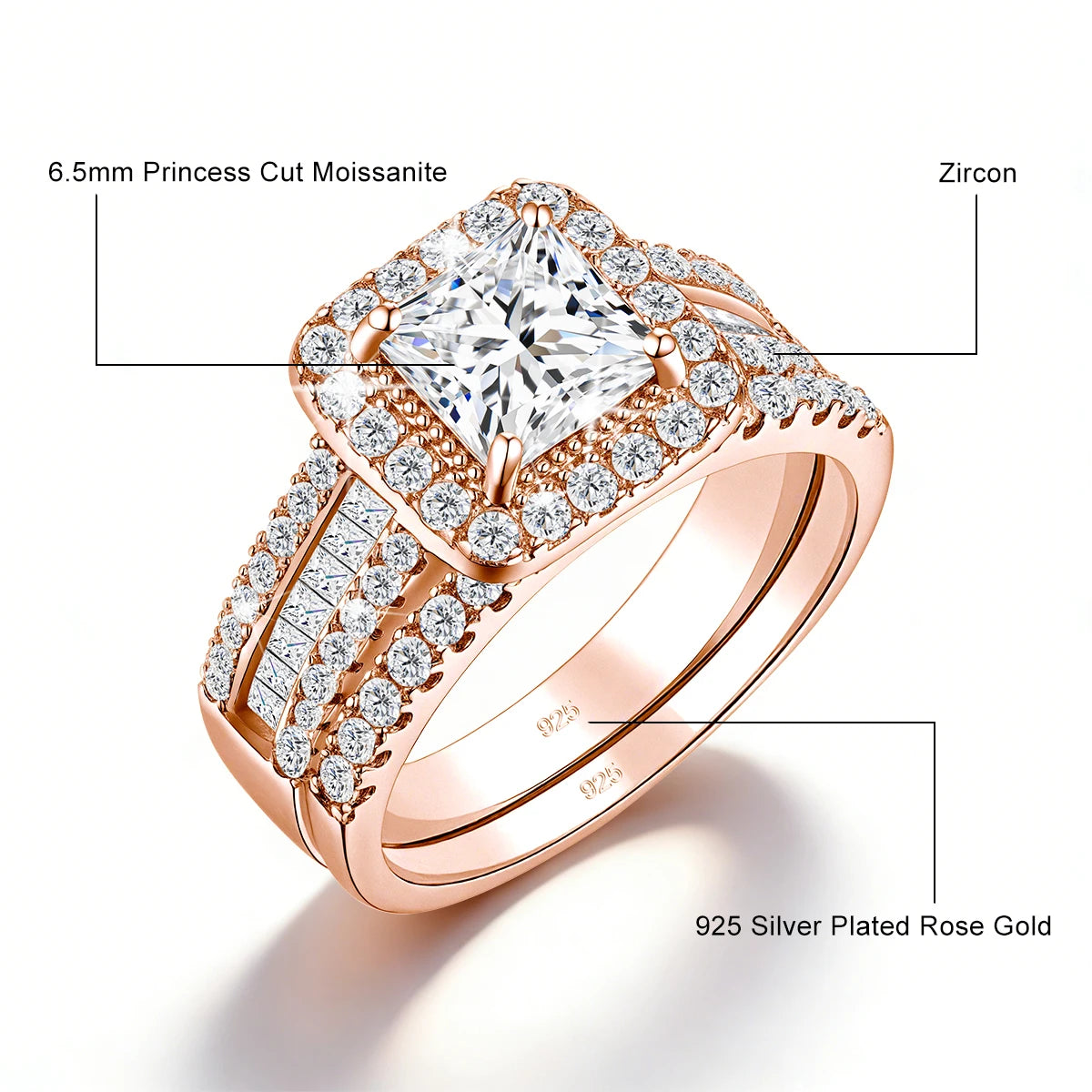 Coffret 2 Bagues Fiançailles Femme – Moissanite Taille Princesse 1,5CT Argent 925