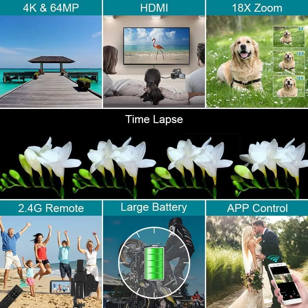 Caméscope Professionnel 4K 64MP KOMERY RX200 – Écran Tactile 4", WiFi, Zoom 18x, Live Streaming