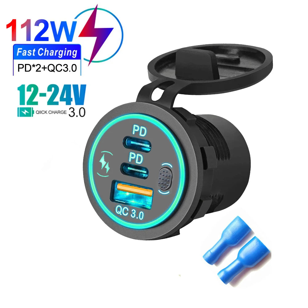 Prise Chargeur USB Voiture 78W PD3.0 QC3.0 Double Port USB-C Étanche LED 12V/24V – CLEVI Paris