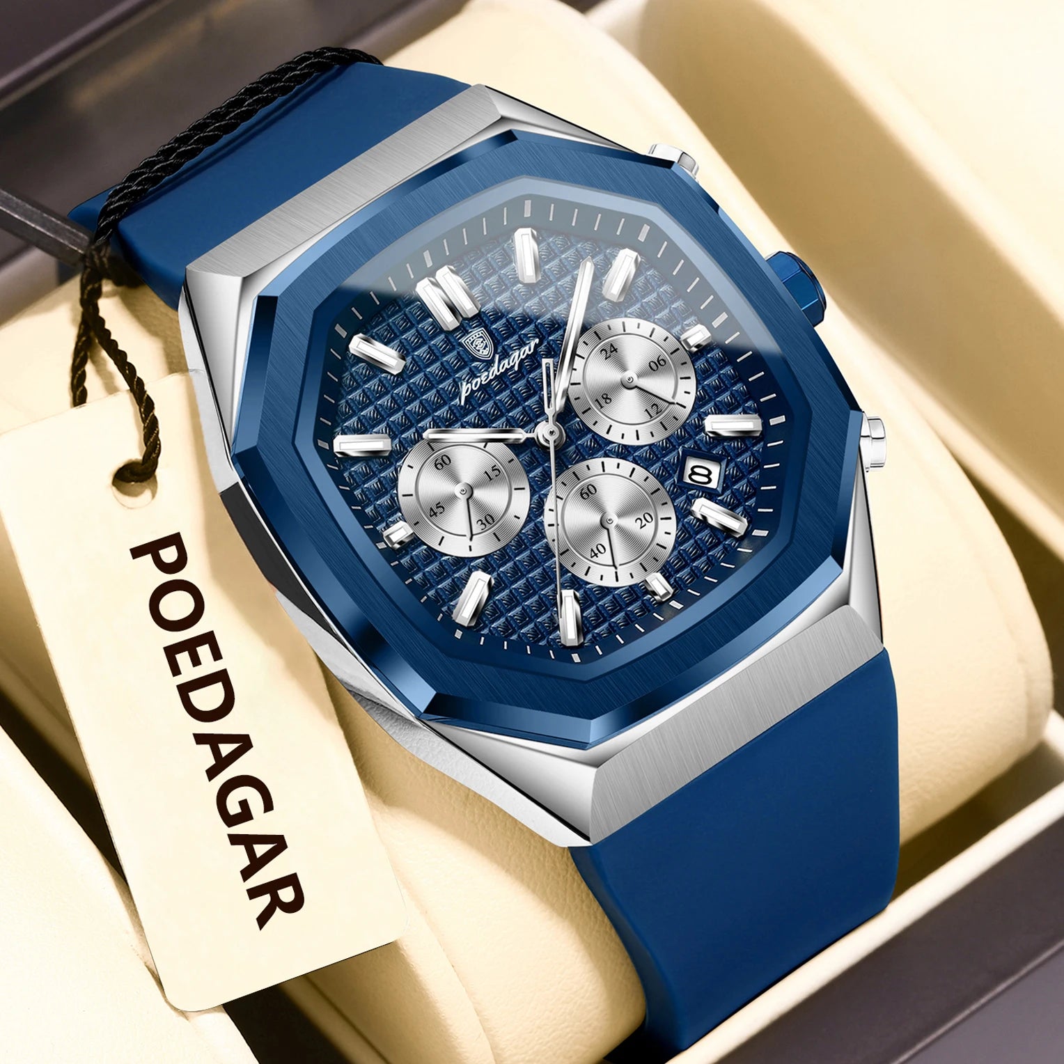 POEDAGAR Montre Quartz Homme Chronographe Carré Silicone Lumineux Date Auto – CLEVI Paris