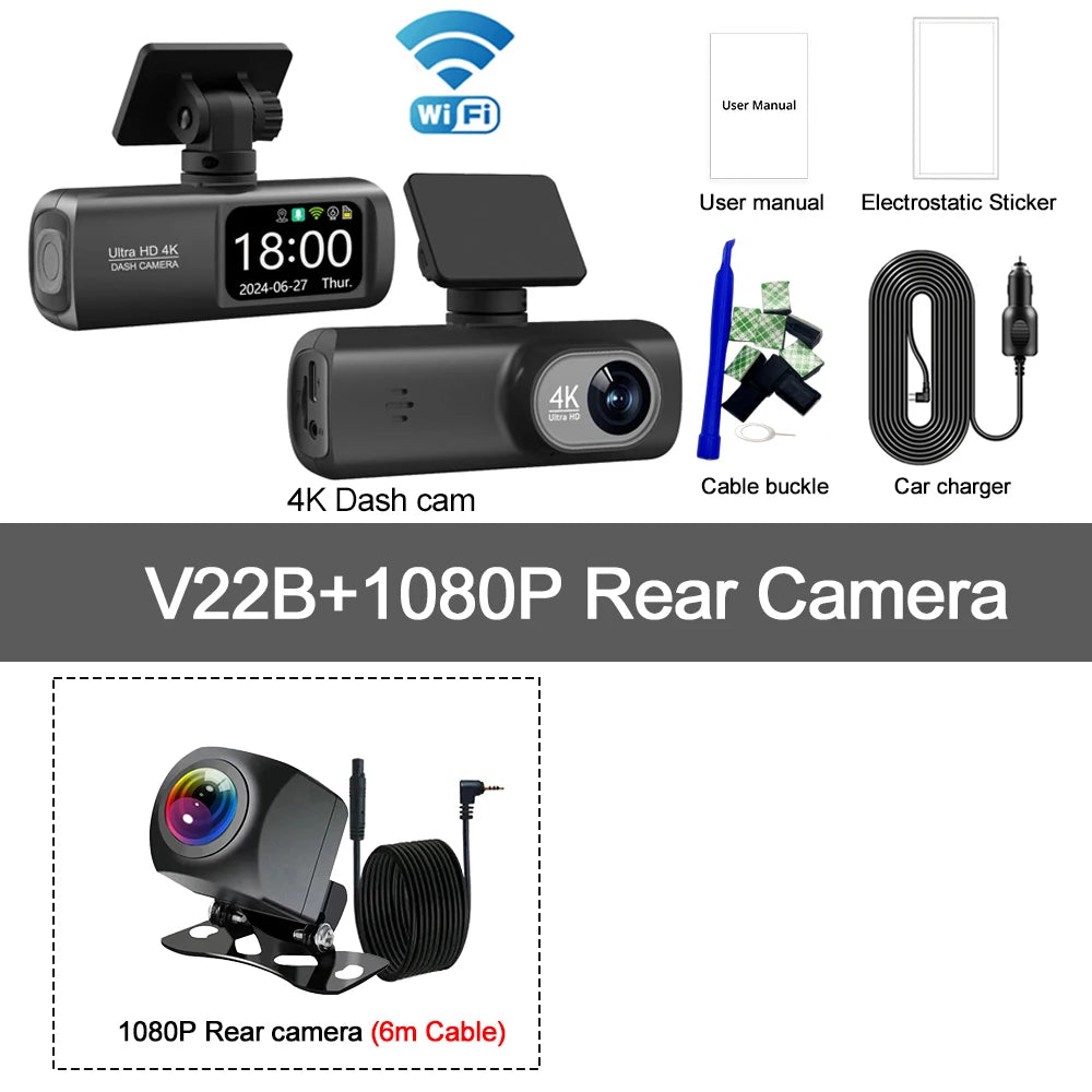 Dashcam 4K WiFi V22B – Double Objectif, GPS, Caméra Arrière 1080p, Surveillance Parking 24h – CLEVI Paris