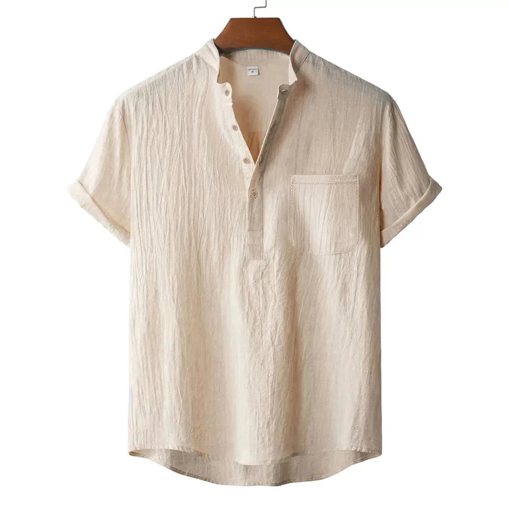T-Shirt Homme Coton & Lin – Col Henley, Manches Courtes, Style Plage & Vacances