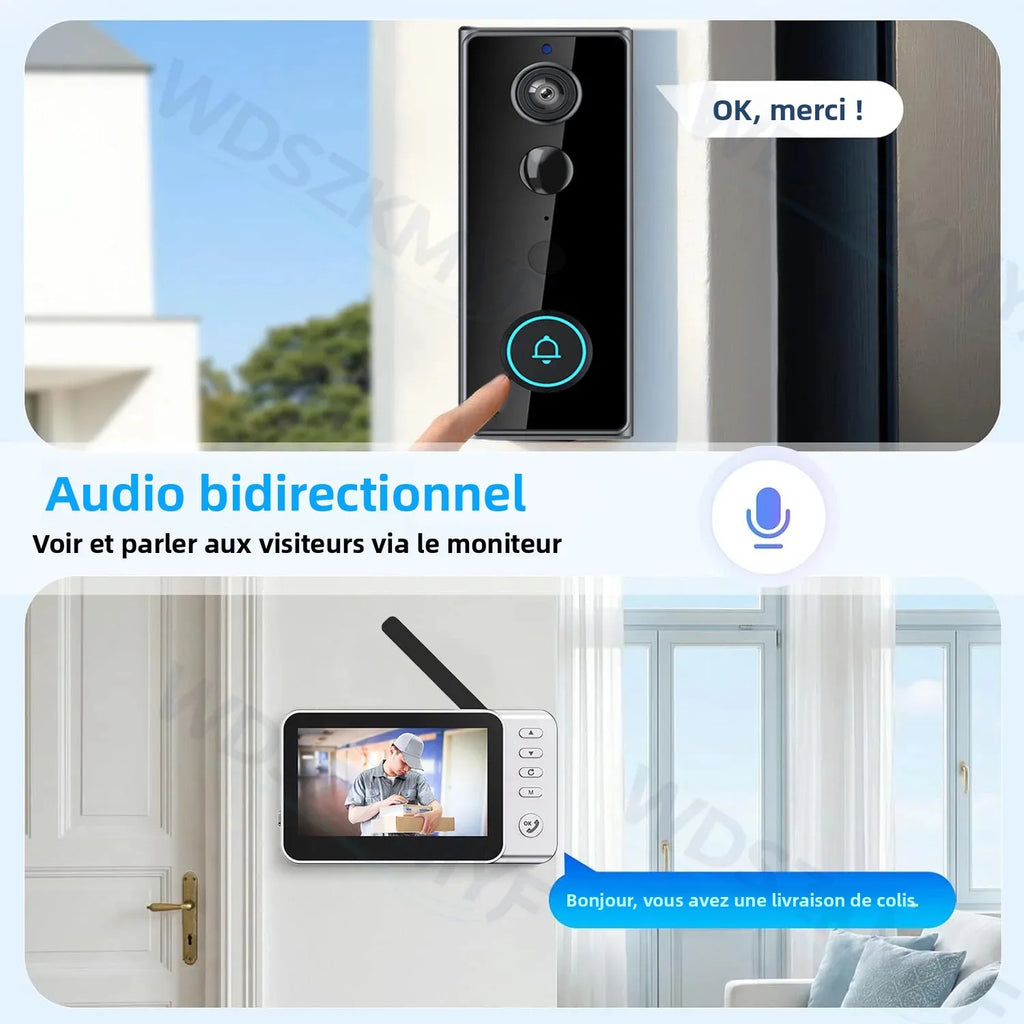 Sonnette Vidéo Sans Fil Écran IPS 4,3" IP65 Intercom 2,4G Vision Nocturne – CLEVI Paris
