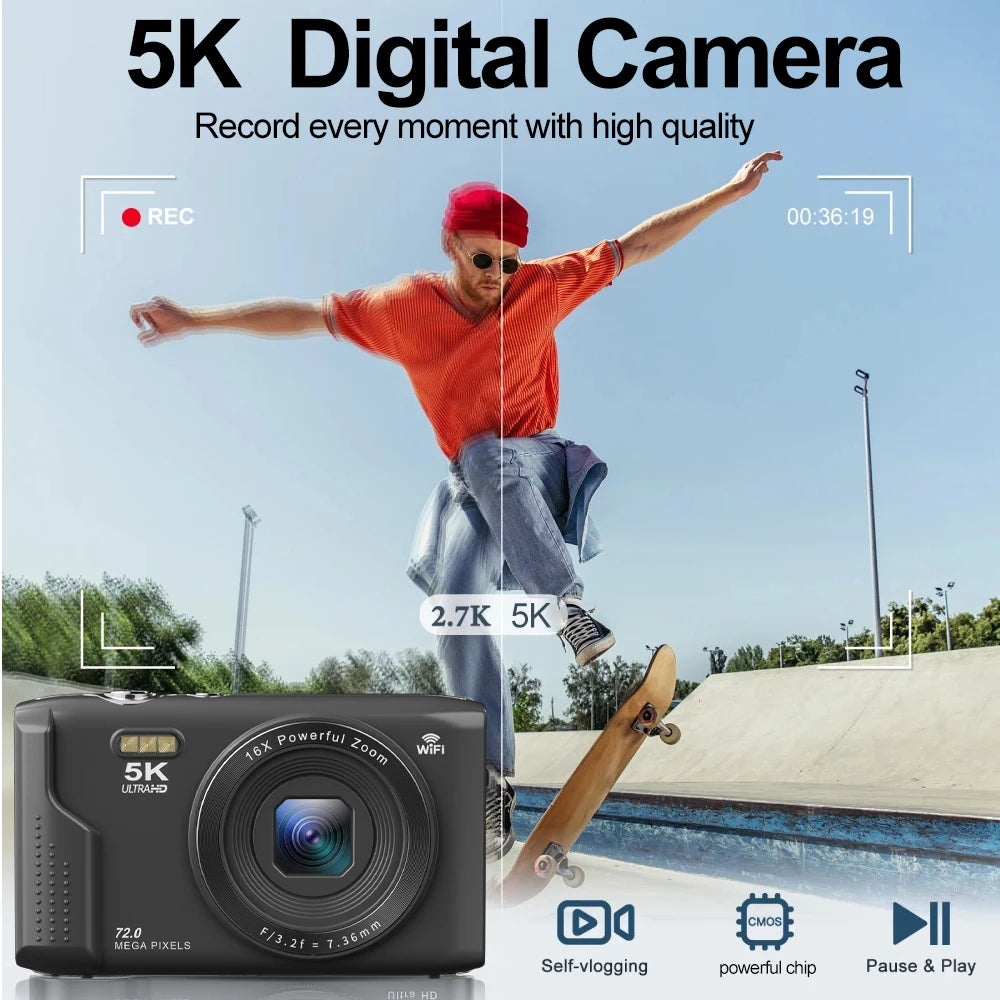 Appareil Photo Compact 5K 72MP OURLIFE – WiFi, Écran 2.8", Zoom 16x, Vlogging & YouTube