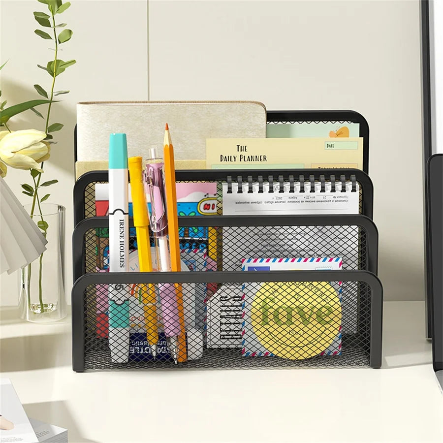 Organiseur de Bureau Métal 3 Niveaux | Porte-Documents Grille, Noir & Blanc, Bureau & École – CLEVI Paris