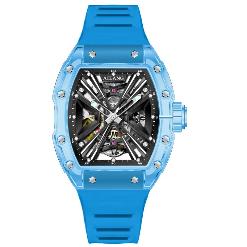Daniel Gorman 8109 – Montre Automatique Squelette Homme | Bracelet Silicone, Boîtier Tonneau