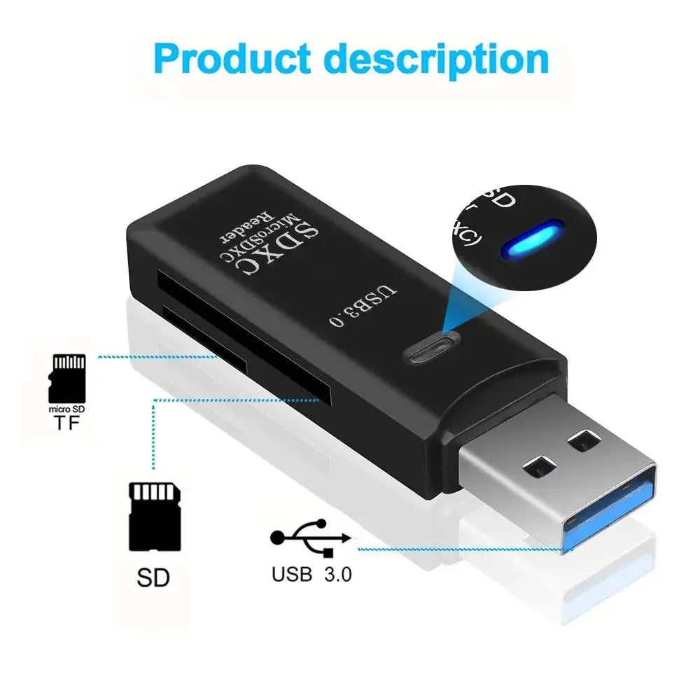 Lecteur de Cartes USB 2-en-1 – SD/TF, USB 2.0 & 3.0, Hub 4 Ports, PC & Laptop