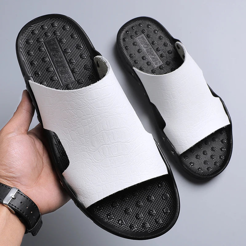 Fashion New Men's Crocodile Embossed Leather Slippers Casual Sandals For Men Summer Open Toe Beach Garden Shoes Flip Flops