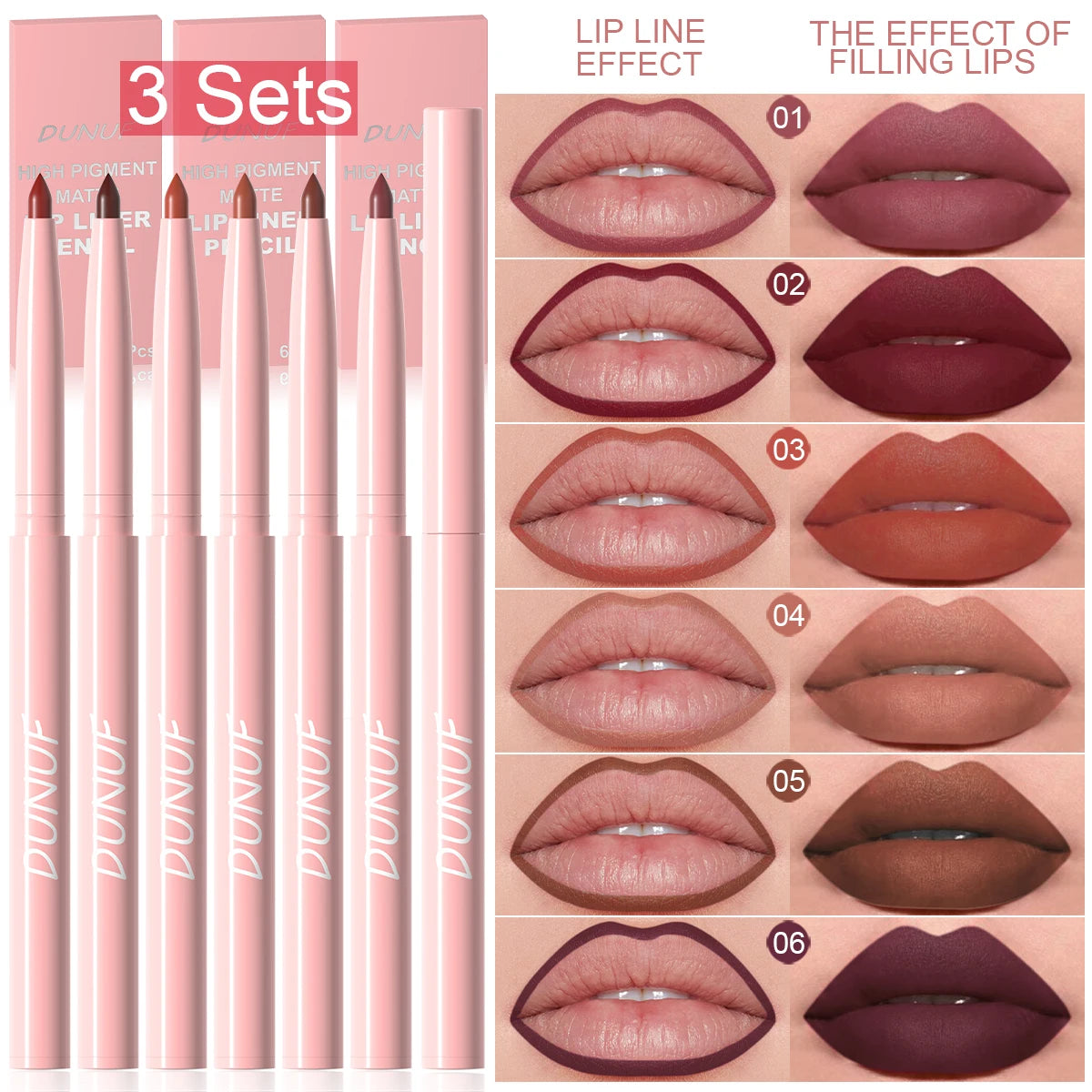 Lot de 6 Crayons à Lèvres Longue Tenue Imperméable – Couleur Intense & Sans Bavure