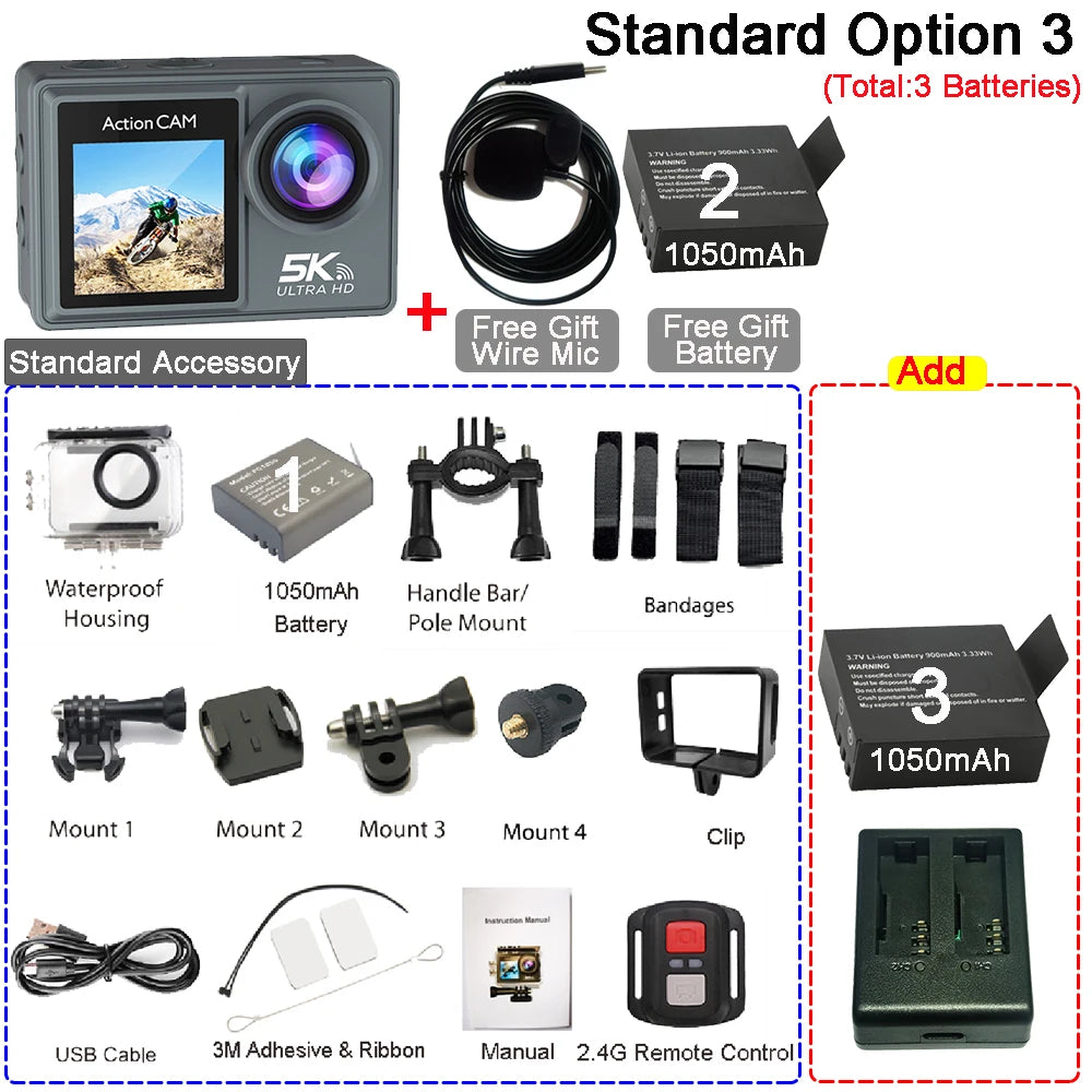 Action Cam HUAFANT M4R 5K 4K60fps – EIS 6 Axes, Grand Angle 170°, Étanche 30m, Micro Sans Fil, Double Écran IPS, WiFi – CLEVI Paris