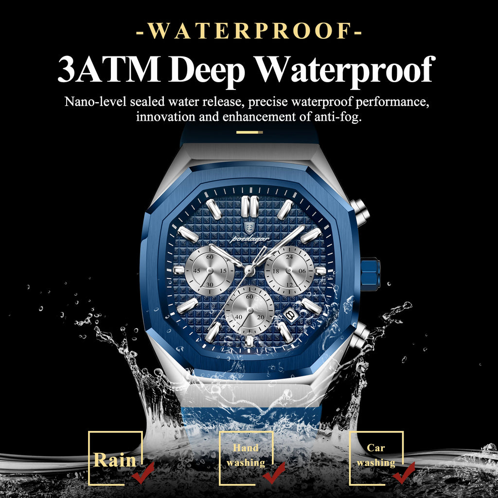 POEDAGAR Montre Quartz Homme Chronographe Carré Silicone Lumineux Date Auto – CLEVI Paris