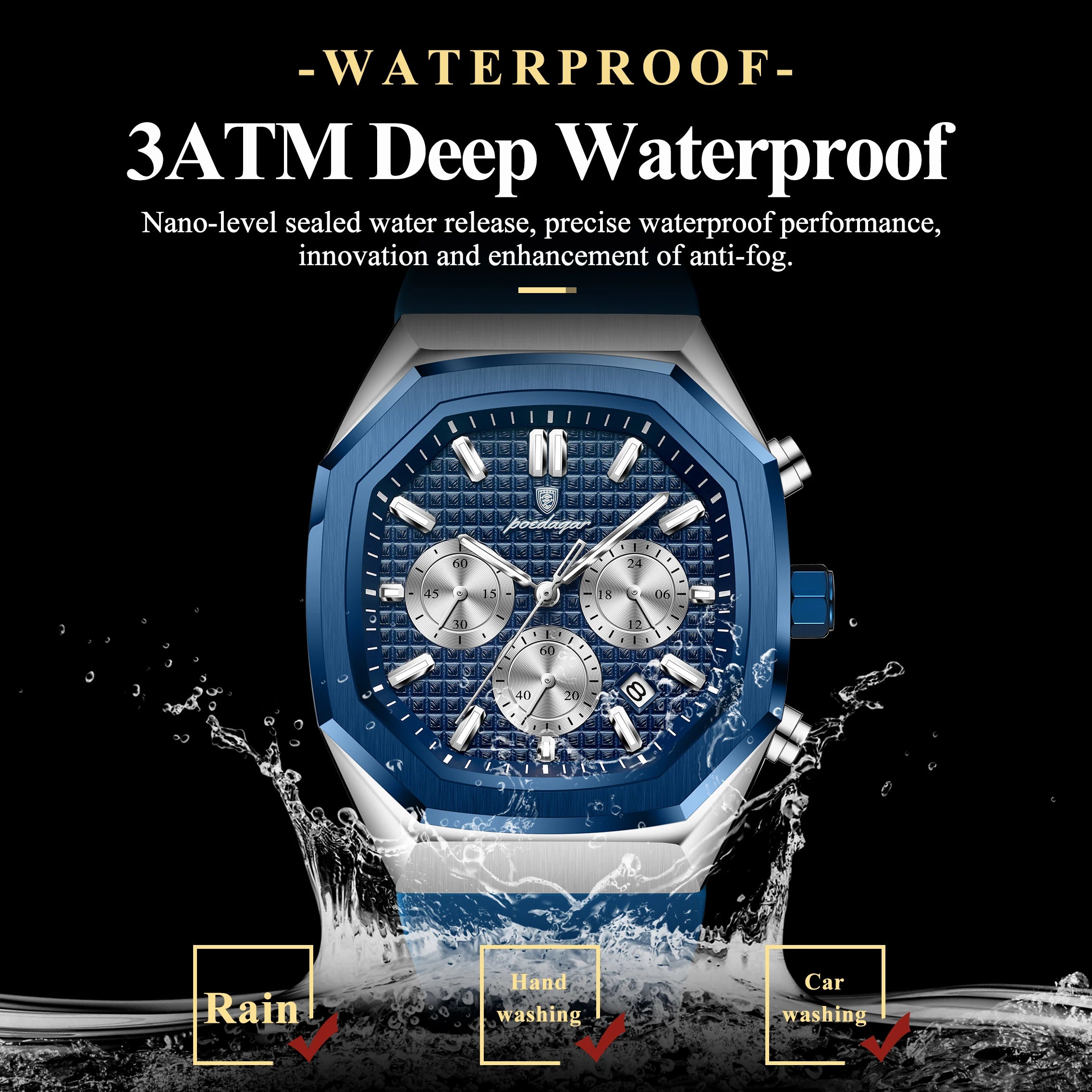 POEDAGAR Montre Quartz Homme Chronographe Carré Silicone Lumineux Date Auto – CLEVI Paris